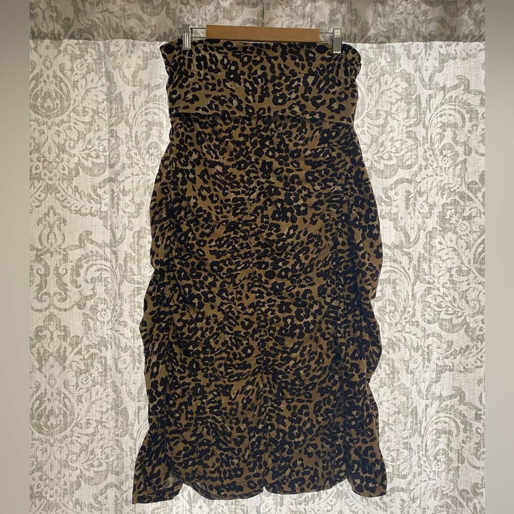 Contrast 100% Cotton Fold Over Ruched Animal Print Maxi Skirt Black Brown L